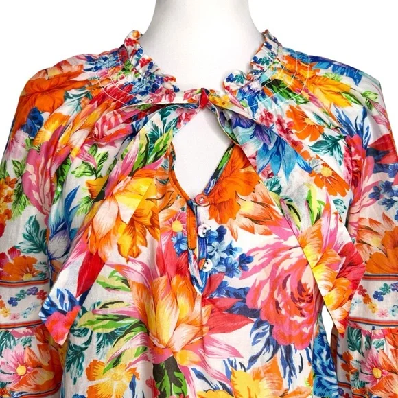 Hale Bob Top Lucinda Pink Orange Blue Floral Bell Sleeve Boho Resort Blouse M - Picture 10 of 15